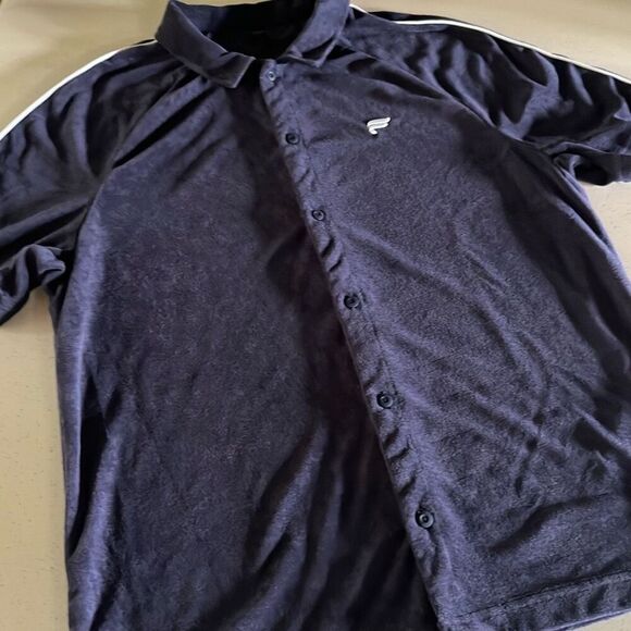Fabletics Navy Terry Cloth Button Down Short Sleeve Shirt Mens M - Picture 1 of 7